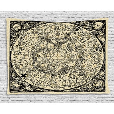 Astrology Decorations Tapestry by Ambesonne, Series of Ancient Mystic Esoteric Old Map with Man Figures Vintage Symbols Decor, Wall Hanging for Bed...