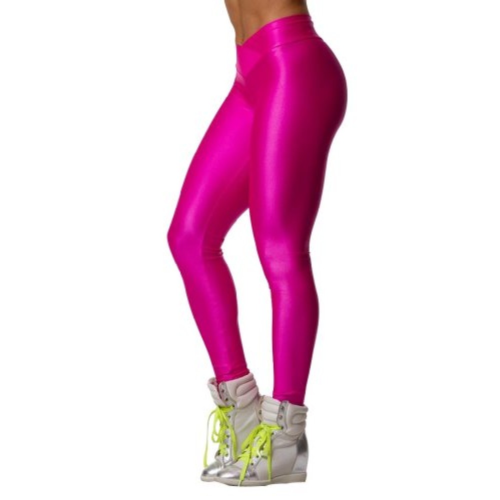 Fashion Neon High V Waist Stretch Skinny Shiny Spandex Leggings Pants Tights S Hot Pink