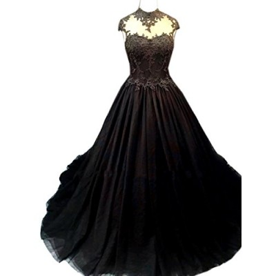 Angelstormy Women's High Neck Cap Sleeves Lace Chapel Train Gothic Wedding Dress Black US02