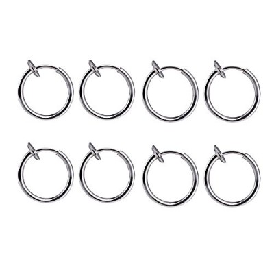 BODYA 4 Pair!8 of Surgical Steel Clip on Non-pierced Hoops Fake Nose Lip Ear Rings (13mm (1/2 Inch)) Piercing (Silver-8pcs)