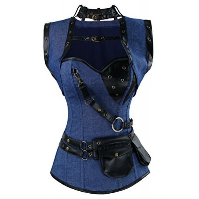 Charmian Women's Spiral Steel Boned Steampunk Gothic Vintage Denim Corset with Jacket and Belt Blue Medium