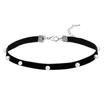 Daesar Womens Stainless Steel Gothic Velvet Choker Pearl Silver Black Choker Necklaces, 34+6.5CM