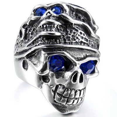 INBLUE Men's Stainless Steel Ring Band Silver Tone Blue Skull Tribal Size13