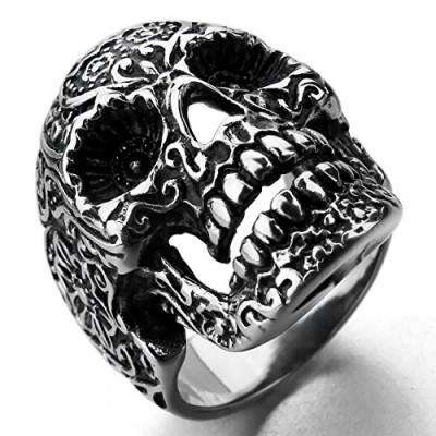 INBLUE Men's Stainless Steel Ring Black Silver Tone Skull Flower Size7