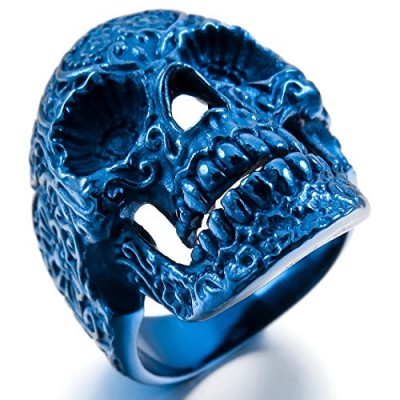 INBLUE Men's Stainless Steel Ring Blue Skull Flower Size10