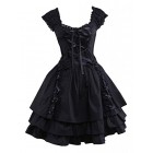 M4u Womens Classic Black Layered Lace-up Cotton Lolita Dress L