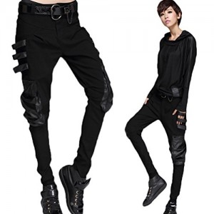 Minibee Women's Harem Patchwork Leather Pocket Punk Style Personalized Pants Black M