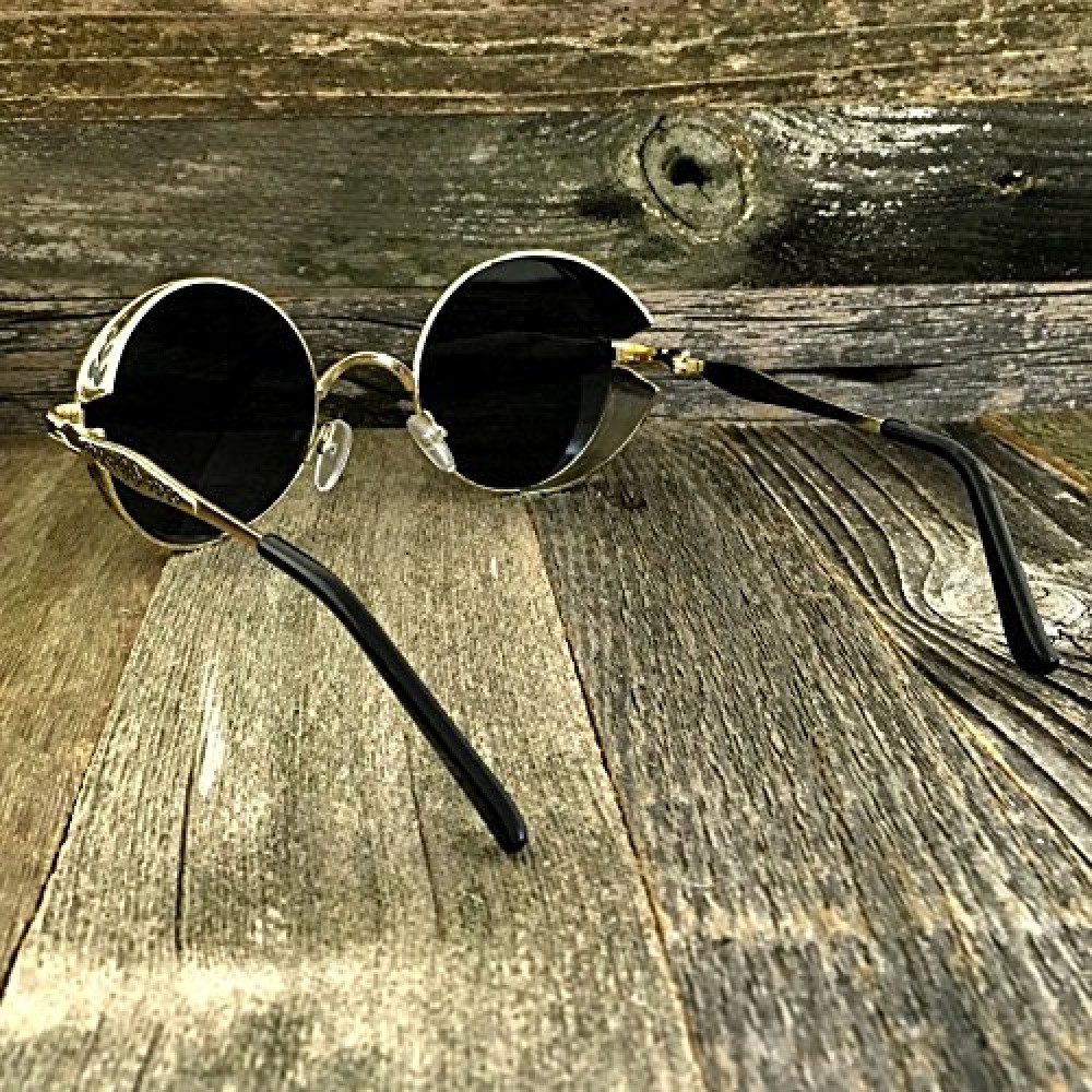 Nikkieyewear Vintage Gothic Steampunk Embossed Side Shields Sunglasses Gold Frame Black Lens
