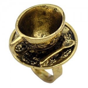 Q&Q Fashion Gold Plated Vintage Fairy Tale 3D Hatter Tea Cup Party Wonderland Cosplay Fancy Dress Ring