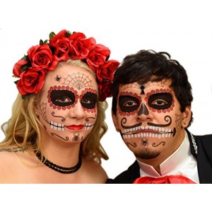 Ruby Sugar Skull Day of the Dead Temporary Face Tattoo Kit for Men or Women - 2 Complete Kits