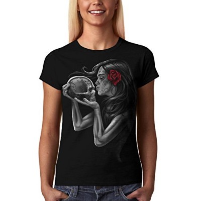 Gothic Skull Girl Womens Dead Rose Kiss Black T-Shirt