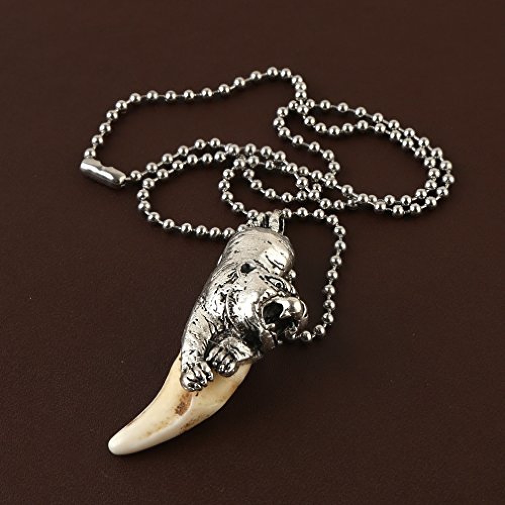HZMAN Men's Real Teeth and Metal Tiger Pendant Necklace Silver ...