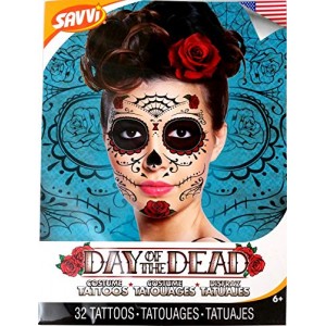 Red Roses Day of the Dead Sugar Skull Temporary Face Tattoo Kit - Pack of 2 Kits